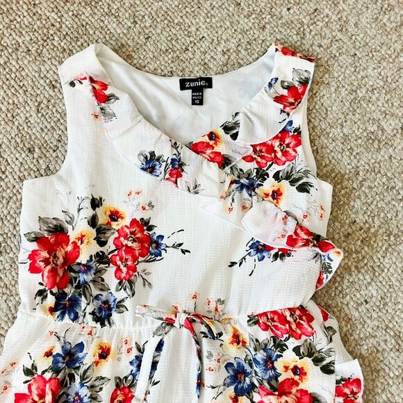 Zunie Girls Red Floral White Flared Dress Girls 10 - Picture 7 of 10